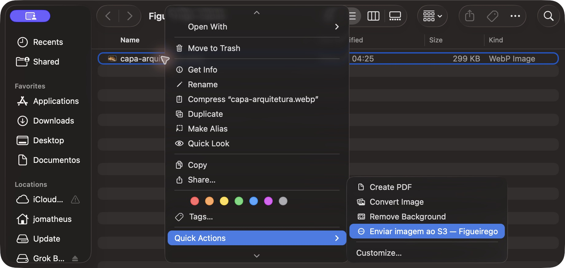 Menu de Ações Rápidas do Finder com Enviar imagem ao S3 — Figueirego.