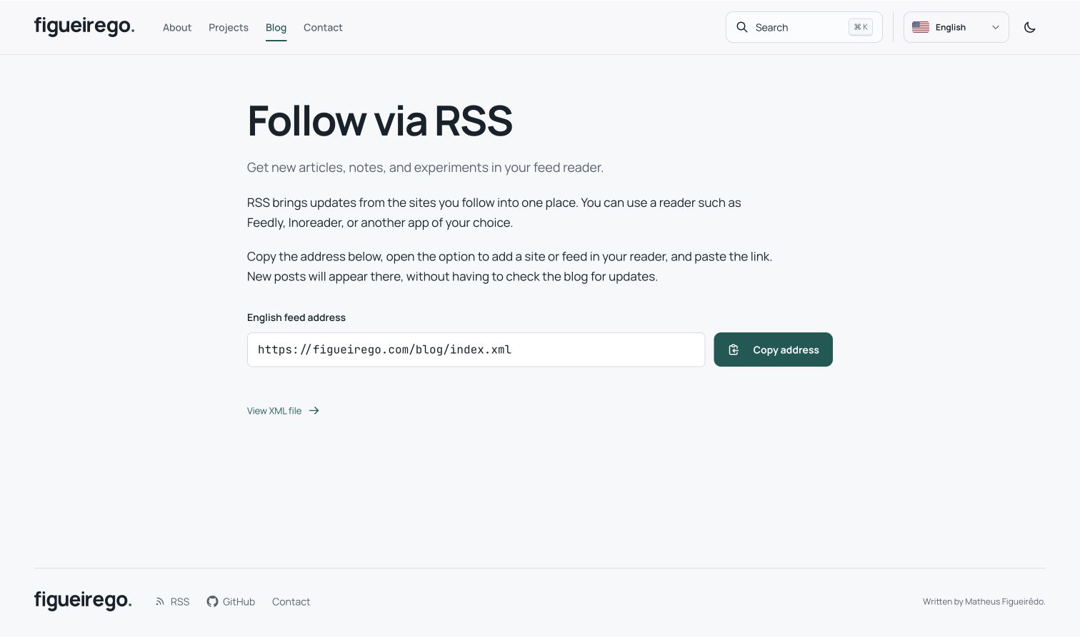 Follow via RSS page showing the English feed URL and Copy address button.