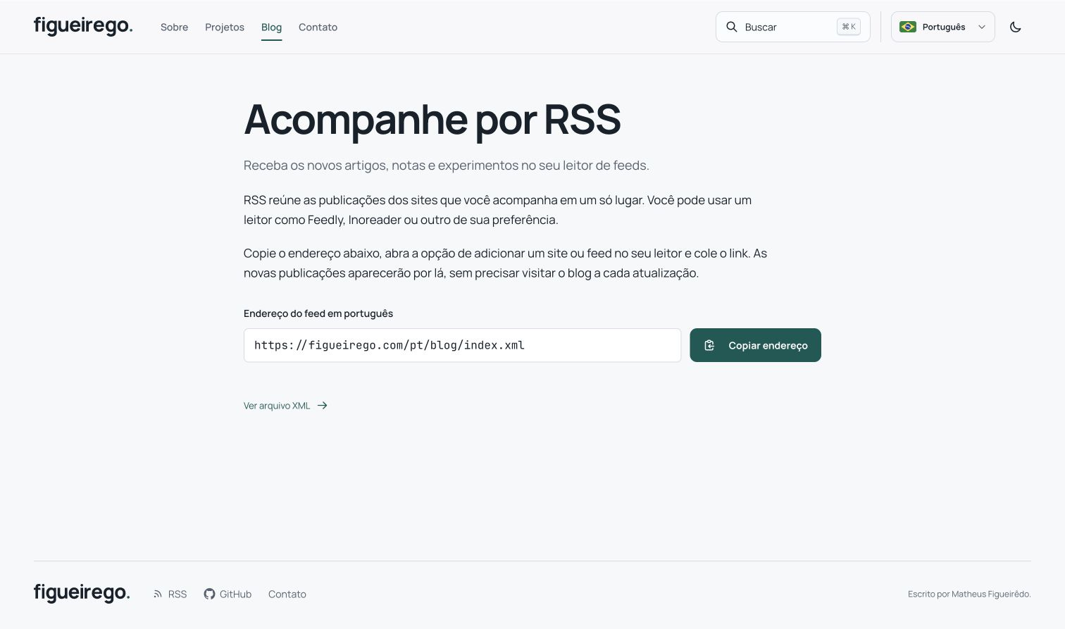 Página Acompanhe por RSS com a URL do feed em português e o botão Copiar endereço.