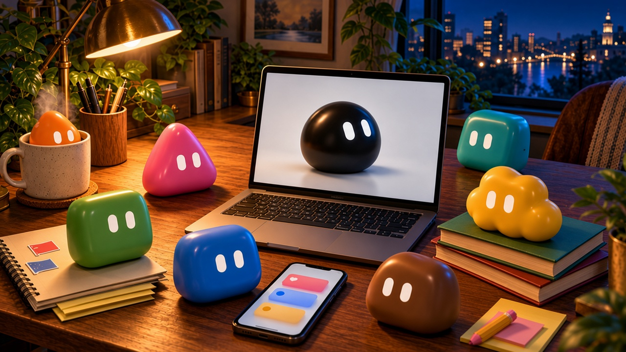 Mascotes coloridos com olhos brancos ao redor de um notebook que exibe um mascote preto, em uma mesa de trabalho iluminada por um abajur.