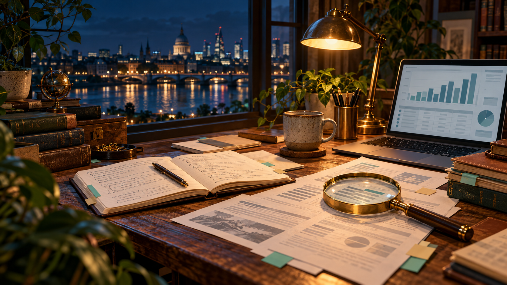 Mesa de pesquisa com documentos, lupa, caderno e notebook, iluminada por uma luminária diante de uma janela noturna.
